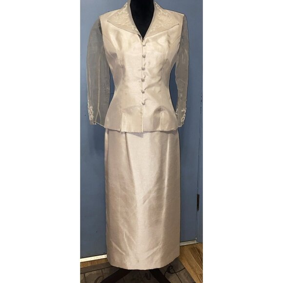 JESSICA HOWARD Women's Champagne Color Sheer Sleeve Blouse 2pc Suit Long Skirt 6 - Picture 2 of 16